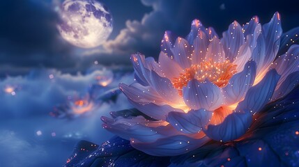 Luminous Floral Petals Unfurling Under Moonlit Sky Revealing Hidden Doorways of Fantasy - obrazy, fototapety, plakaty
