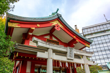 TOKYO, JAPAN - NOVEMBER 11, 2023: Edo Shrine Temple of the Kanda Shrine Complex in Chiyoda, Tokyo, Japan. Translation of the sign from Japanese: "Edo Shrine."
