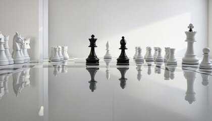 3d render, chess game black pawn piece stands in front of the round mirror with white Queen reflection. Contradiction metaphor. Perceptual distortion concept. Minimalist composition colorful backgroun - obrazy, fototapety, plakaty