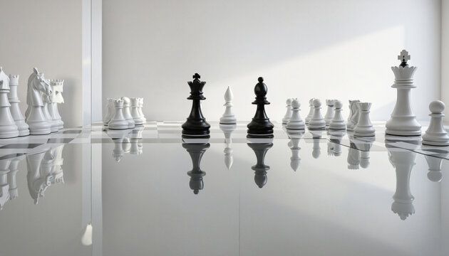 3d render, chess game black pawn piece stands in front of the round mirror with white Queen reflection. Contradiction metaphor. Perceptual distortion concept. Minimalist composition colorful backgroun