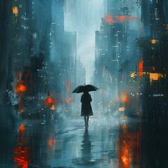 A Solitary Figure Navigating the Rain Drenched Abstraction of a Moody Urban Cityscape