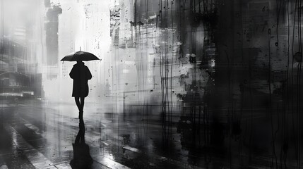 Lone Traveler Navigating the Moody Monochrome Metropolis in a Rainstorm