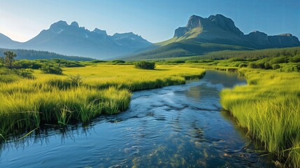 Obraz premium River winding its way through a lush green grassy field with mountain background.