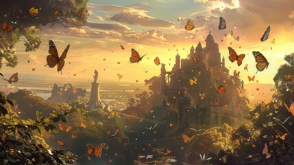 Castle Surrounded by Fluttering Butterflies - obrazy, fototapety, plakaty