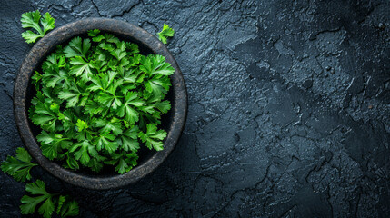 A bowl of parsley is sitting on a black countertop. The image has a simple and clean look, with the parsley being the main focus - obrazy, fototapety, plakaty