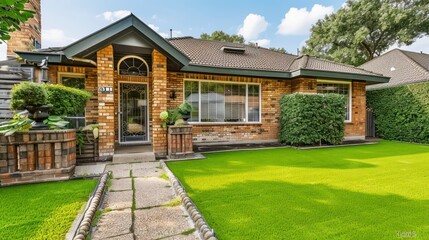 A Suburban Home's Alluring Exterior with Perfectly Crafted Artificial Lawn, Decorative Brickwork, and Large, Inviting Windows