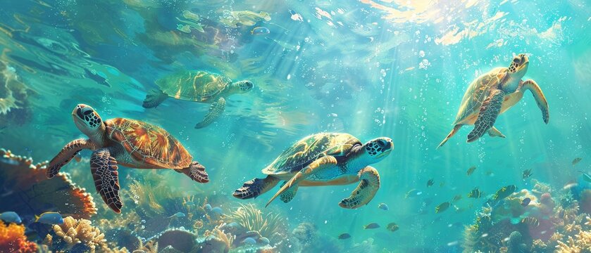 Tropical reef, oil paint style, swimming turtles, bright day light, underwater angle.
