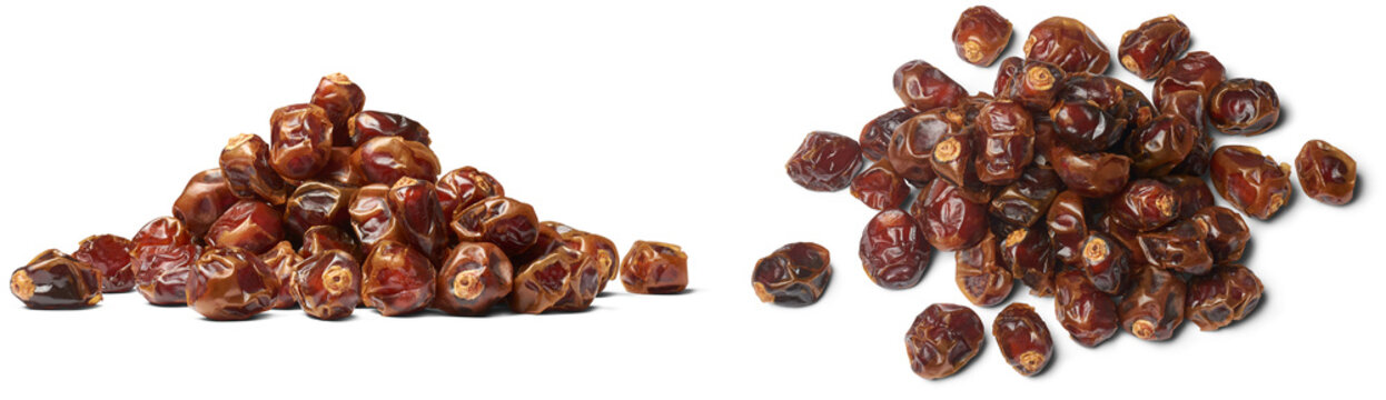 pile of dates, edible and tropical sweet fruits with excellent source of energy due to high natural sugar content and essential nutrients, isolated on white background in different angles