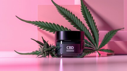 Elegant matte black CBD cream jar and a bud of hemp placed against a vibrant botanical background, highlighting the product's natural origins