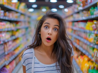 Young woman with wide eyes shows amazement in a colorful supermarket.