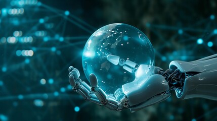 Robot hand holding an artificial intelligence sphere on a technological background