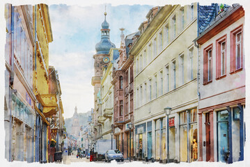 The picturesque city of Heidelberg, Baden-Württemberg, Germany. Street scene in the central part of town. Watercolor painting. - obrazy, fototapety, plakaty