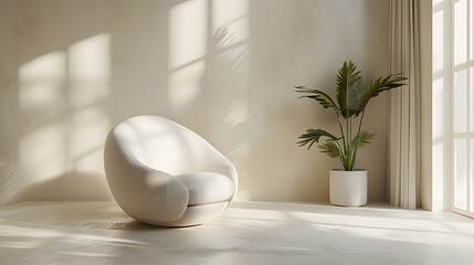 3d illustration of a white living room with a chair, in the style of tropical symbolism,  beige, minimalist backgrounds. For design, 3d render, decoration