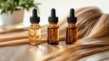 Essential Oils Resting on a Strand of Blonde Hair, Symbolizing the Essence of Hair Care and Beauty - obrazy, fototapety, plakaty