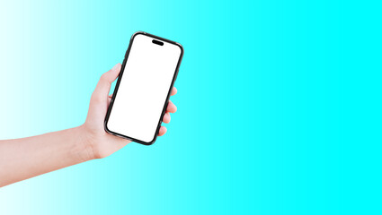 Close-up of hand holding smartphone with blank on screen isolated on background of cyan.