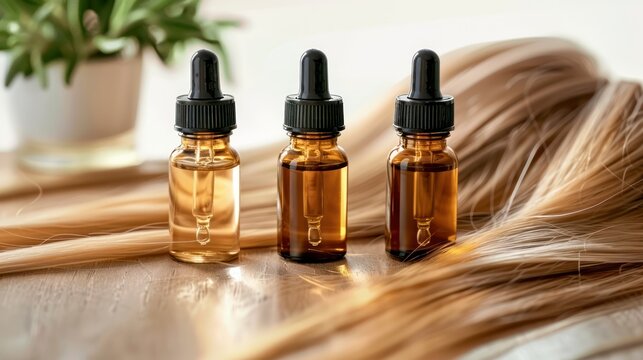 Essential Oils Resting on a Strand of Blonde Hair, Symbolizing the Essence of Hair Care and Beauty