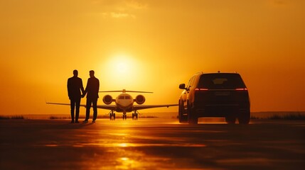 Silhouettes of two businesspeople walking toward a private jet, with a luxury car parked nearby, against a vivid sunset backdrop.