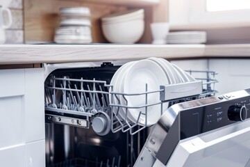 Modern kitchen interior with white used dishes and electronic dishwasher device ready for washing