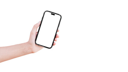 Close-up of hand holding smartphone with blank on screen isolated on background of white.