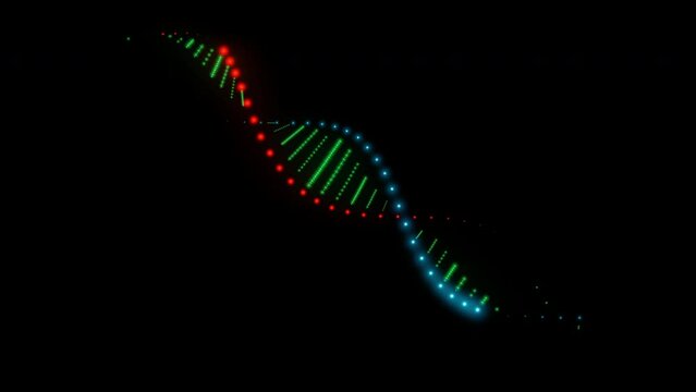 A simple DNA molecule double helix model made from colorful small glowing neon dots, light bulbs isolated on a black background. Looped animation 4k 60 fps.