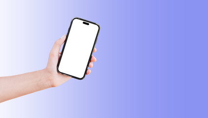Close-up of hand holding smartphone with blank on screen isolated on background of pastel blue.