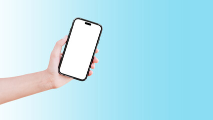 Close-up of hand holding smartphone with blank on screen isolated on background of pastel cyan.