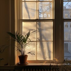 Soft afternoon winter window light with a plant