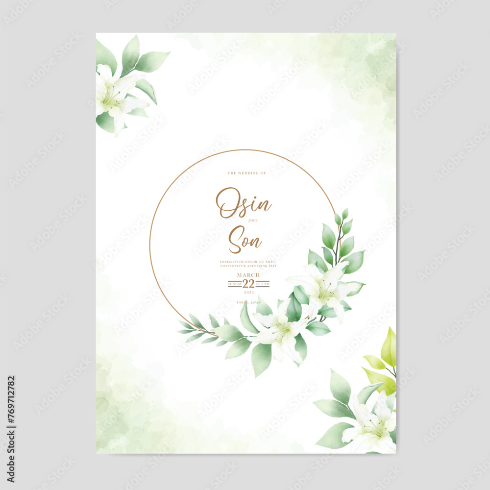 Wall mural wedding invitation card with flower lily watercolor