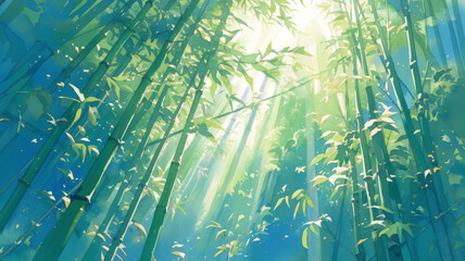 Bamboo grove with sunlight filtering through, watercolor, peaceful rays