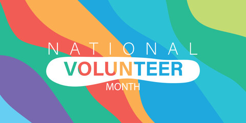 National Volunteer month. volunteers communities awareness concept banner design with focused in colorful letter and supporting hand in blue background. observed on April - obrazy, fototapety, plakaty