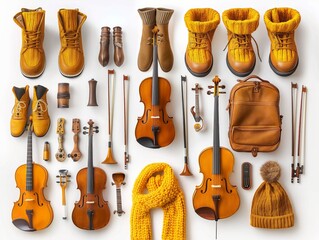 A collection of musical instruments and accessories, including violins, cellos, and a guitar, are arranged on a white background. The instruments are surrounded by various items such as boots, scarves - obrazy, fototapety, plakaty