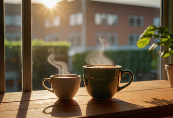 Xícara de café no balcão e janela 20