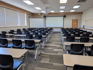 Empty classroom with rows of chairs and desks under bright lighting.