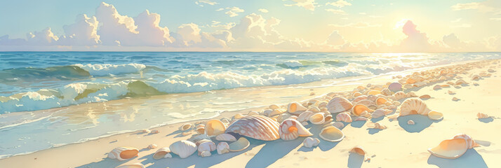 Seashell-strewn beach at sunrise, watercolor, peaceful beginnings