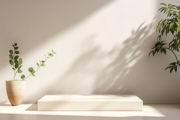 White product advertising showcase, showroom, product placement mockup, natural colours, with plants