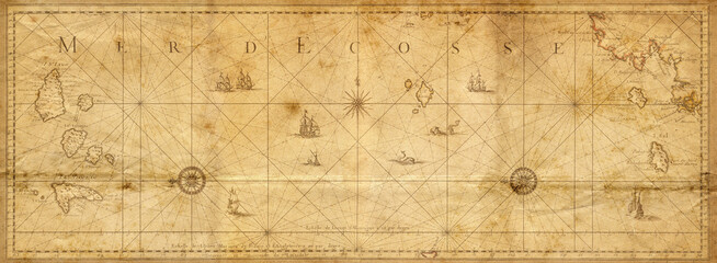 Plakaty  Old map collage background. A concept on the topic of sea voyages, discoveries, pirates, sailors, geography, travel and history. Pirate, travel and nautical background.