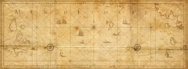 Gardinen Old map collage background. A concept on the topic of sea voyages, discoveries, pirates, sailors, geography, travel and history. Pirate, travel and nautical background. © Tryfonov