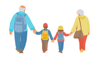 Grandparents and grandchildren with backpacks walking. Back view. Vector isolated color illustration.	