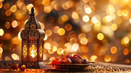 Fototapeta na wymiar Arabic lantern with plate with dates