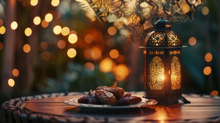 Arabic lantern with plate with dates - obrazy, fototapety, plakaty