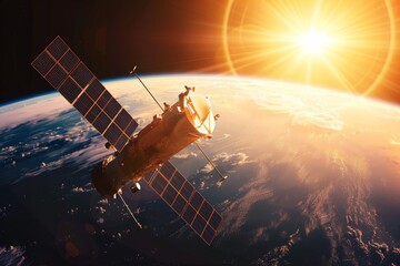Space satellite with solar panels orbiting earth, sunlit view from behind the sun