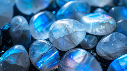 The captivating sheen of moonstones with hints of blue amidst a dark background enhancing their mystical appeal