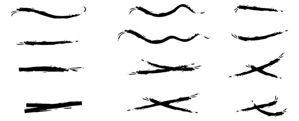 Brush strokes, black ink lines, vector abstract set with paint brush grunge texture on transparent background. Paintbrush strokes and ink smear stains. doodle underlines. vector illustration
