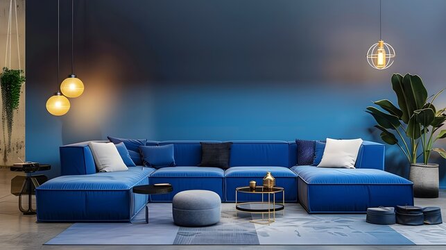 Tranquil Blue Ombre Wall Adorns a Modern Living Room with Radiant Gold Accents
