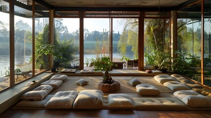 Fototapeta premium Tranquil Minimalist Lounge Overlooking a River Bend Basked in Dappled Sunlight