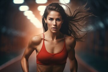 Naklejka premium Evening marathon elegance, A dedicated female athlete running on the track, capturing the beauty of marathon running in the soft evening light. Generative AI.