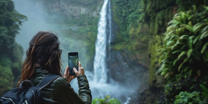 A woman taking a photo of a stunning waterfall with her smartphone. 