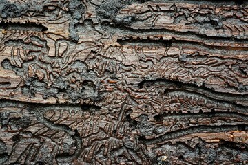 Close-up of a wooden surface, showing intricate patterns and shapes carved by insects