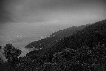 Small village in the Arrabida National park by seascape, Black and white