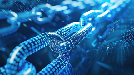 An abstract representation of a blockchain comprised of binary numbers within a digital space